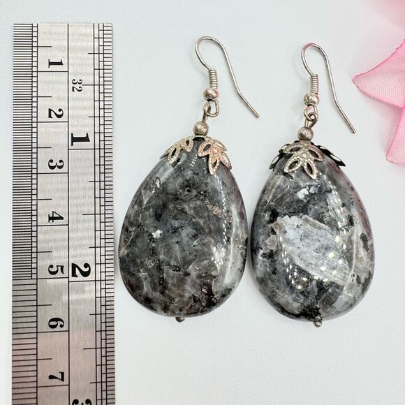 Vintage Larvikite Teardrop Chunky Dangle Earrings Stone Rockhound Natural Gray - Picture 5 of 8